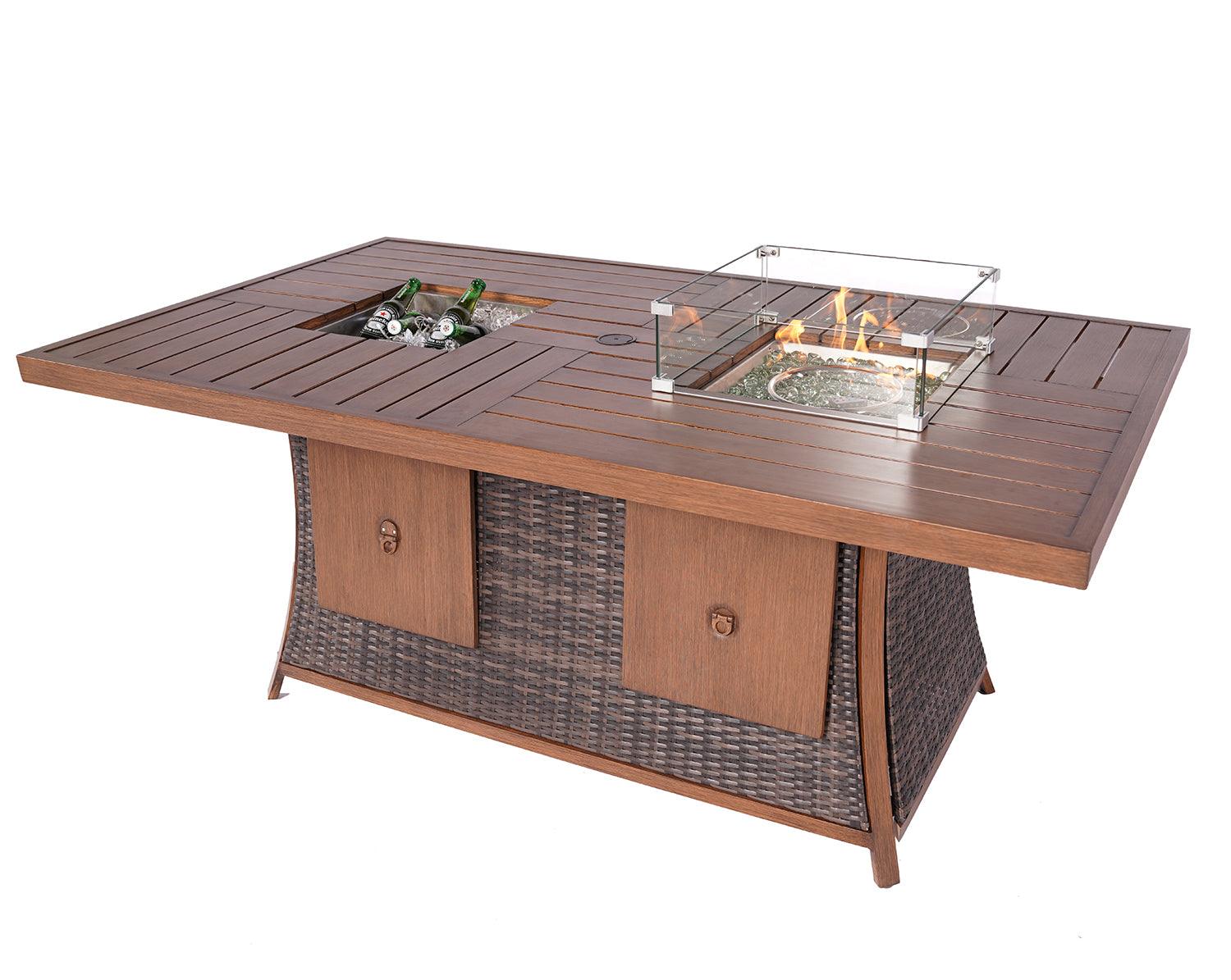 Brown Wicker Outdoor Gas Fire Pit Table with Ice Bucket - AFS