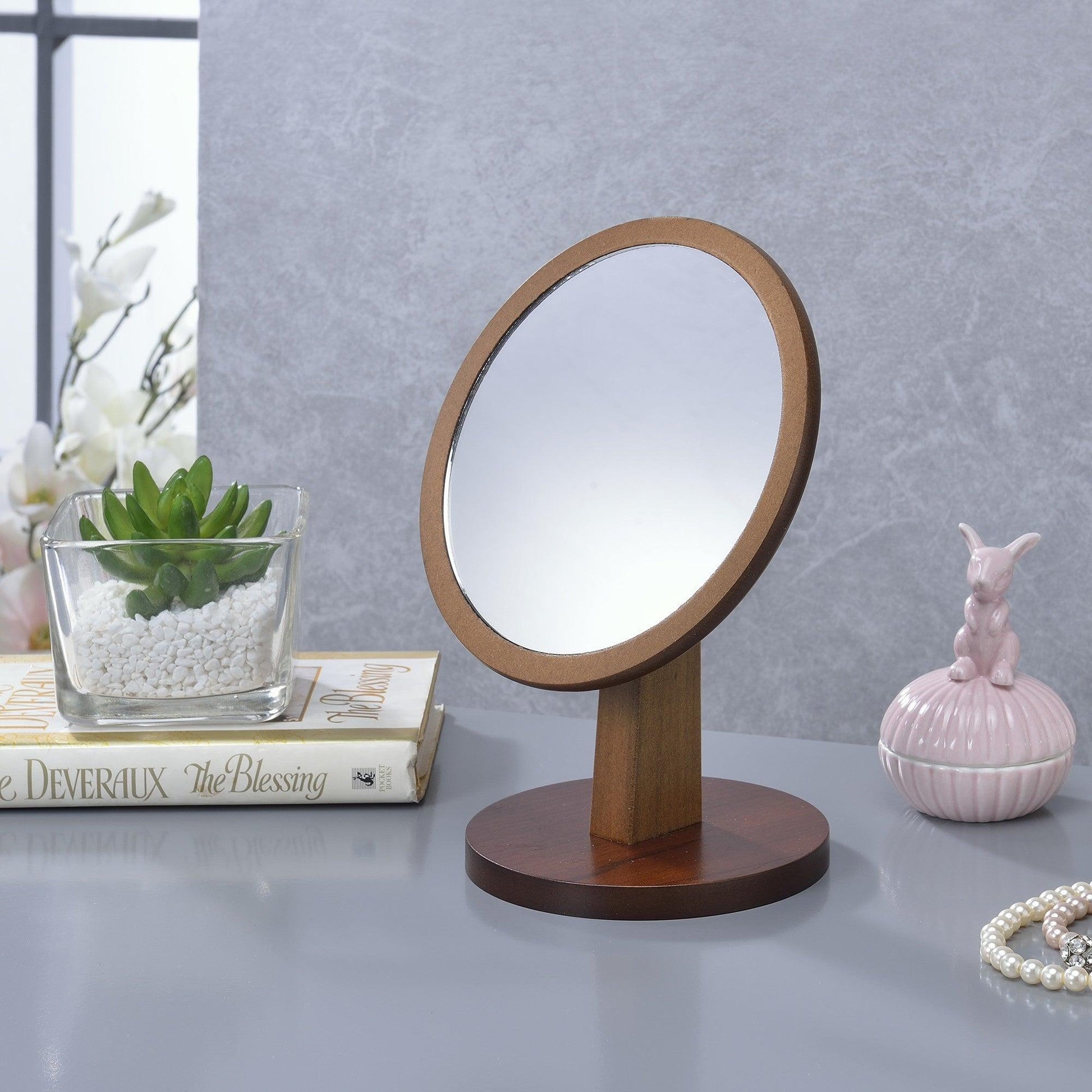 Walnut Finish Round Vanity Mirror on Pedestal - AFS