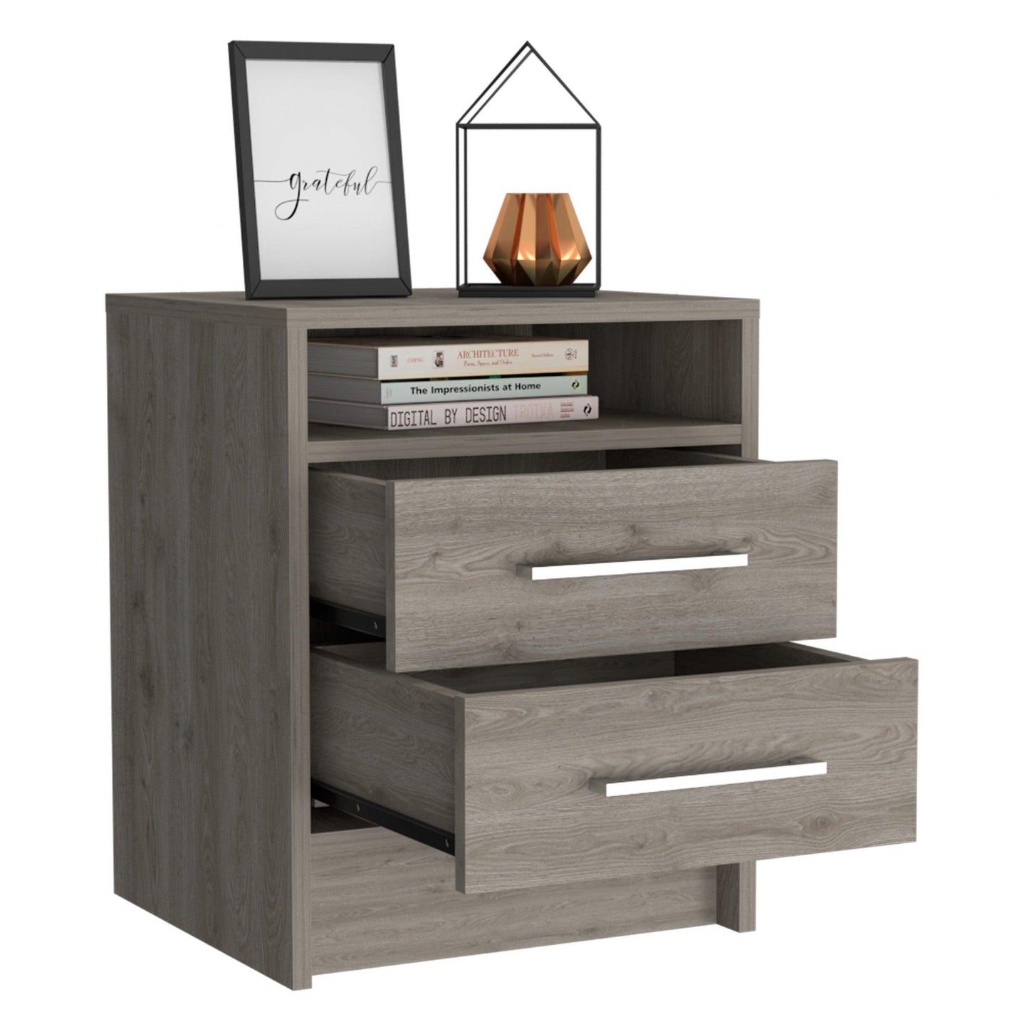 Light Grey Open Compartment Two Drawer Nightstand - AFS