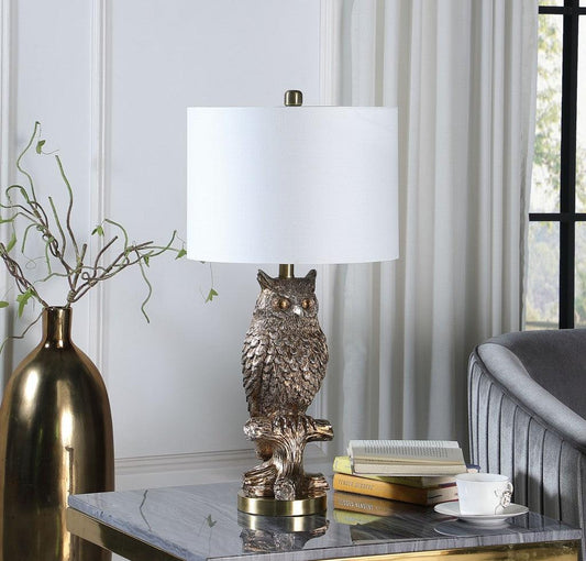 28? Antiqued Silver Resin Owl Table or Desk Lamp - AFS