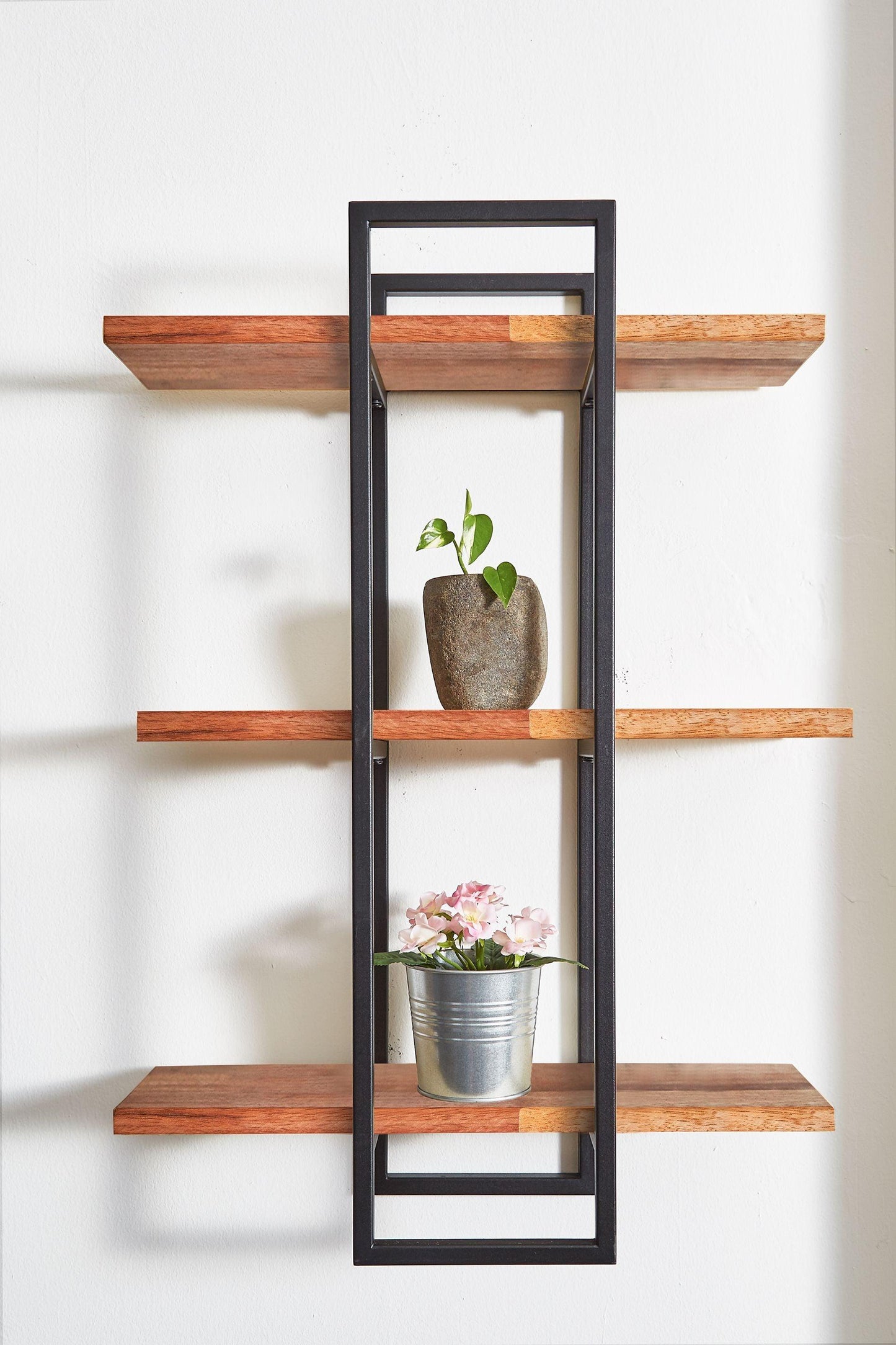 Modern Black and Natural Deouble Rectangle Hanging Wall Shelves - AFS