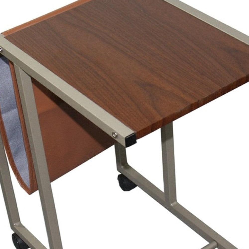 Modern Brown Faux Woodgrain Metal Laptop Cart Desk - AFS