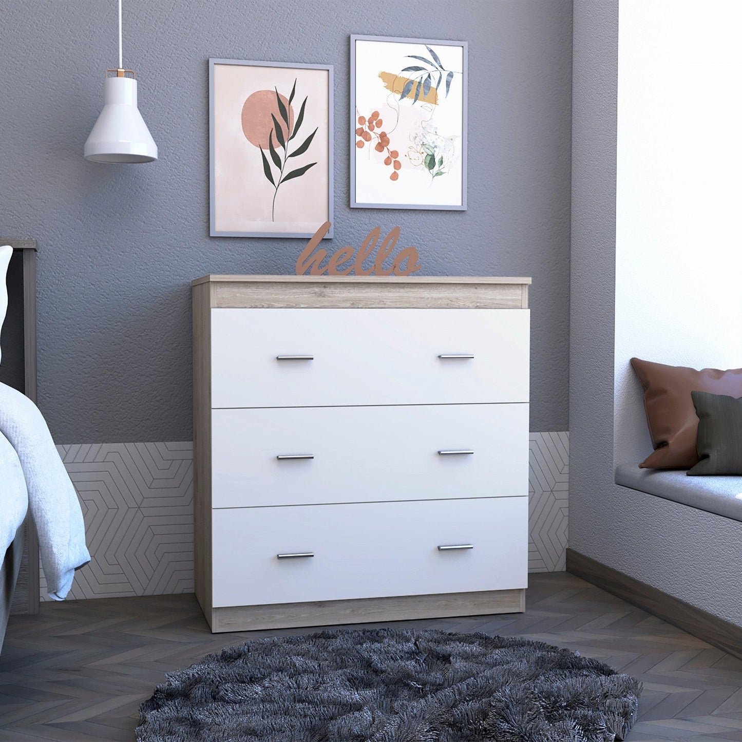 33" Light Gray and White Three Drawer Dresser - AFS