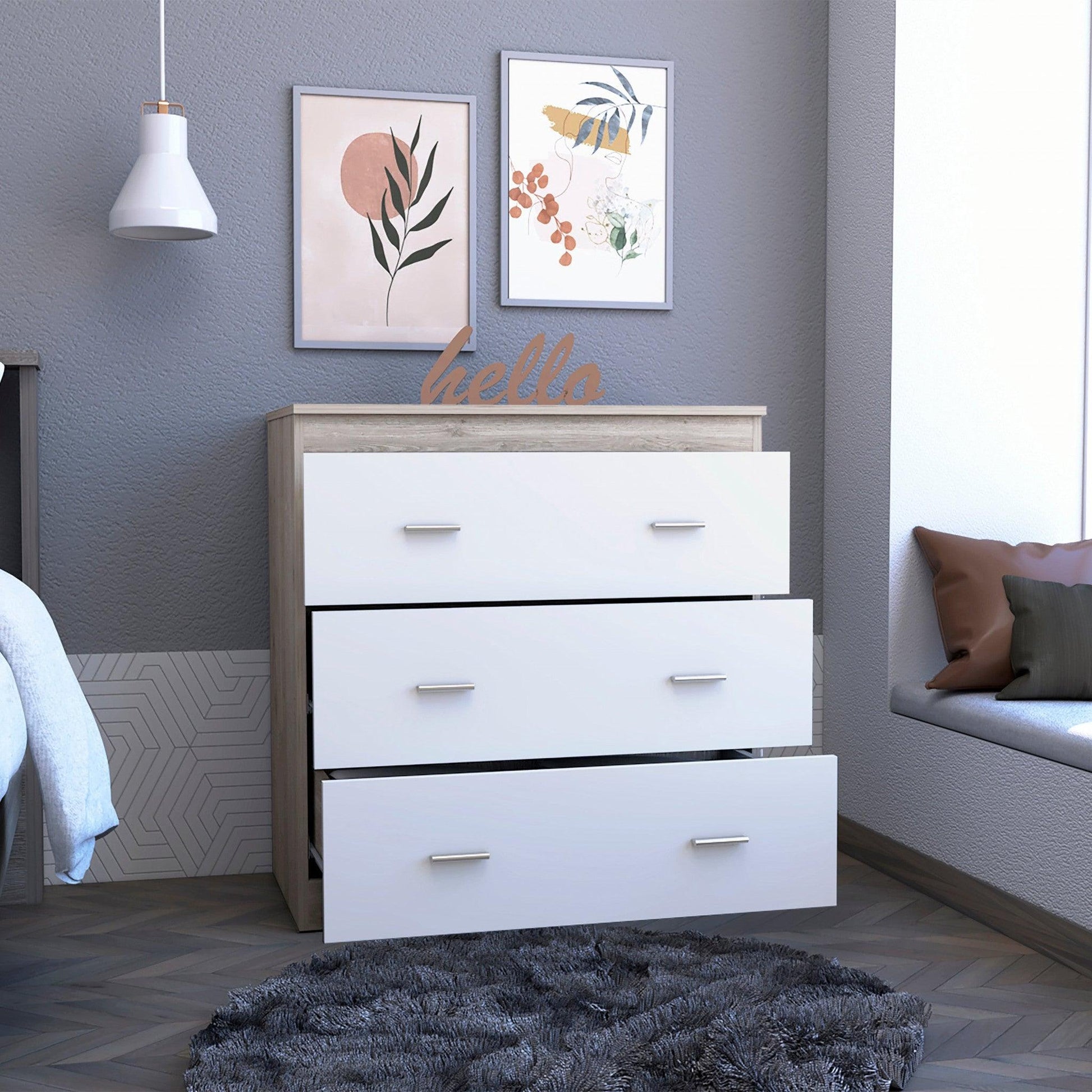 33" Light Gray and White Three Drawer Dresser - AFS