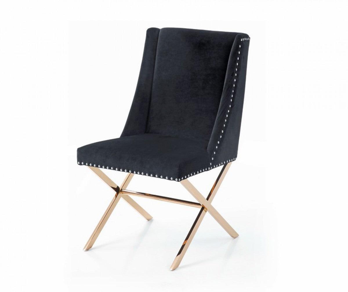 Black Velvet and Rose Gold Nailhead Modern Dining Chair - AFS