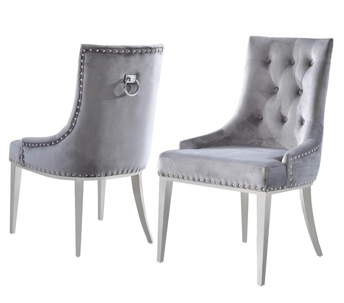 Set of Two Grey Velvet Tufted Dining Chairs - AFS