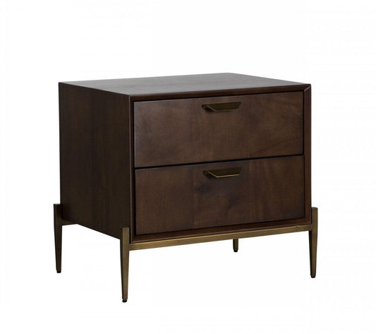 Modern Dark Mango Acacia and Brass Nightstand with Two Drawers - AFS