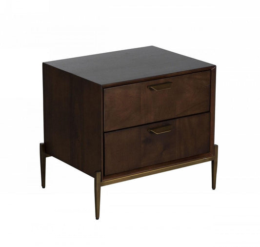 Modern Dark Mango Acacia and Brass Nightstand with Two Drawers - AFS