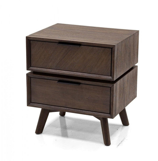 Mid Century Acacia Nightstand with Two Drawers and Black Metal Handles - AFS