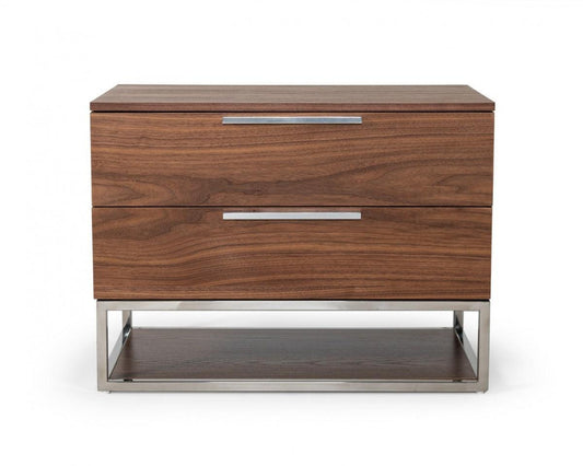 Contemporary Walnut and Stainless Steel Nightstand with Two Drawers - AFS