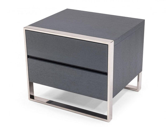 Modern Gray and Stainless Steel Nightstand With Two Drawers - AFS