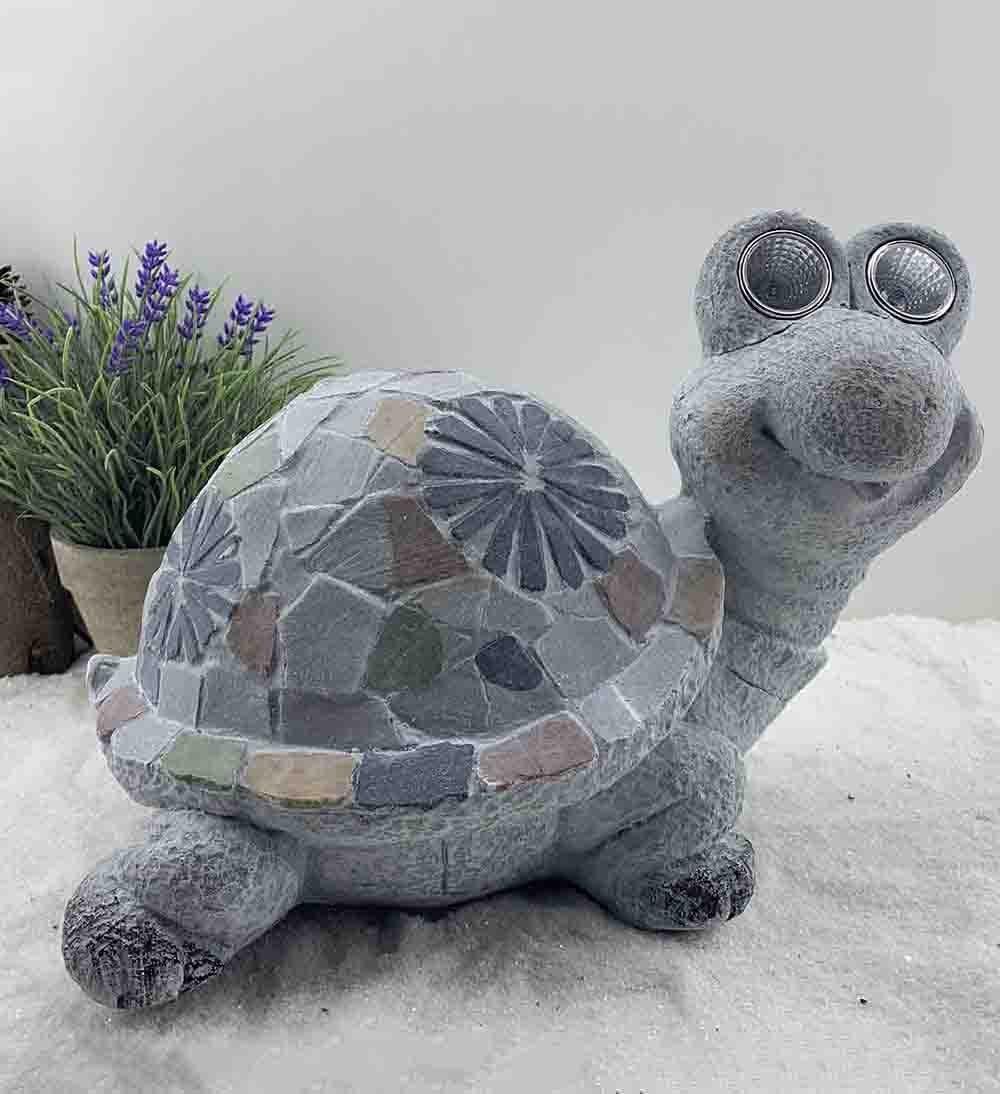 10" Gray Happy Turtle Mosaic Tile with Solar Eyes Indoor Outdoor - AFS