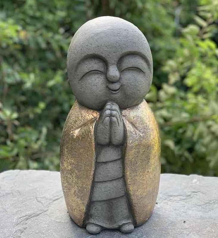 15" Gray and Gold Sweet Smiling Monk Indoor Outdoor Statue - AFS