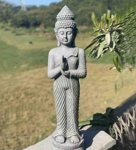 35" Grey Standing Budha Indoor Outdoor Statue - AFS