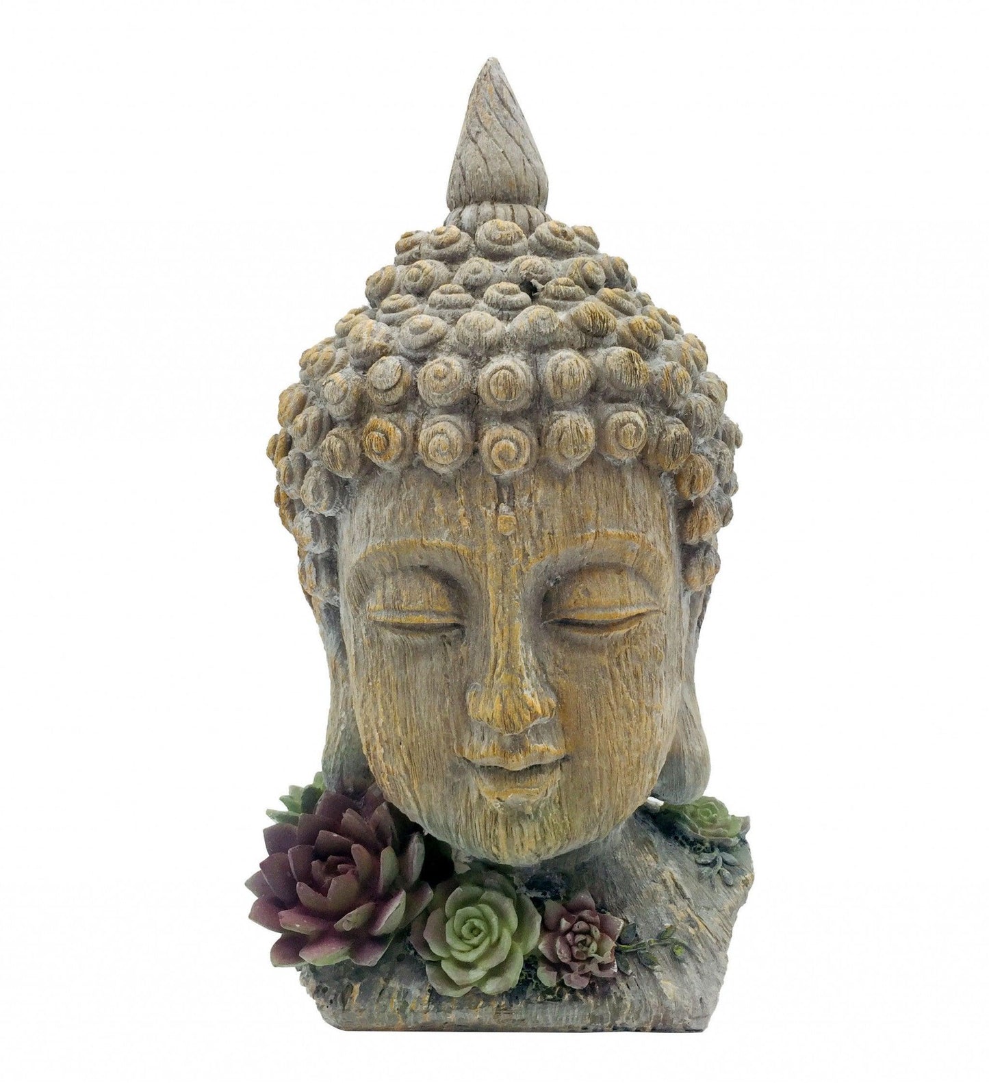 12" Serene Grey Budha Head with Succulents Indoor Outdoor Statue - AFS