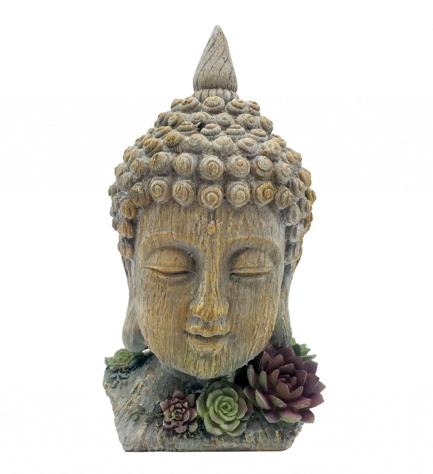 12" Serene Grey Budha Head with Succulents Indoor Outdoor Statue - AFS