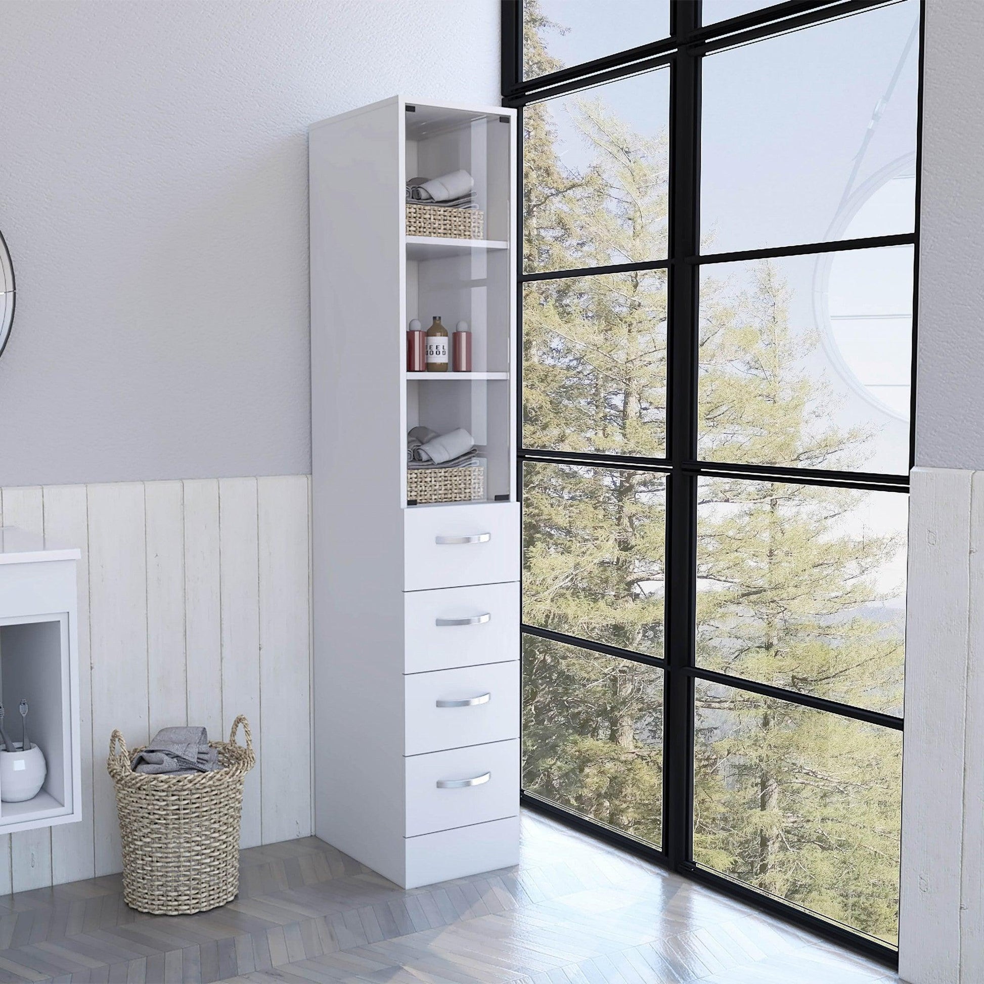 White Bathroom Storage Cabinet with Glass Door and Sliding Drawers - AFS