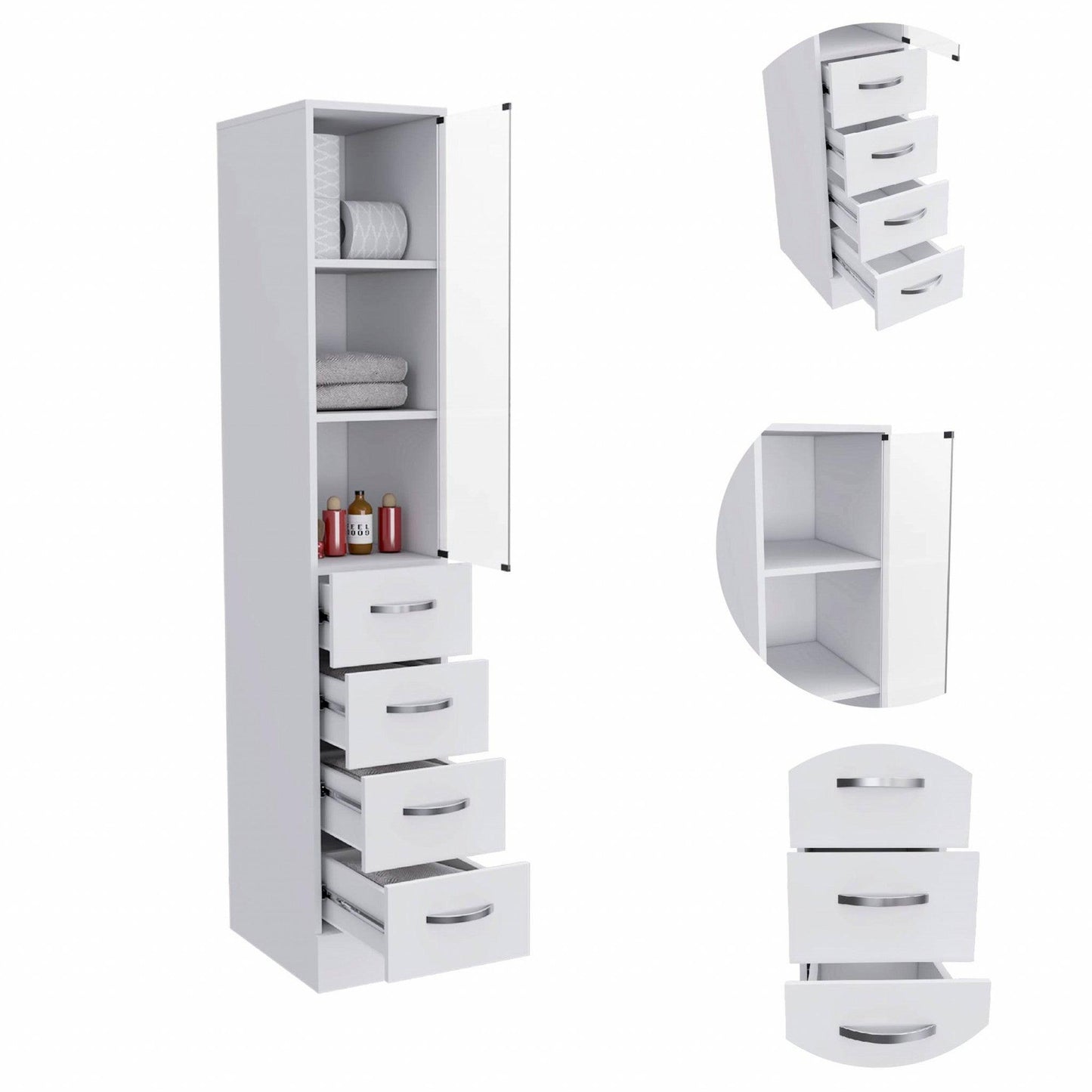 White Bathroom Storage Cabinet with Glass Door and Sliding Drawers - AFS