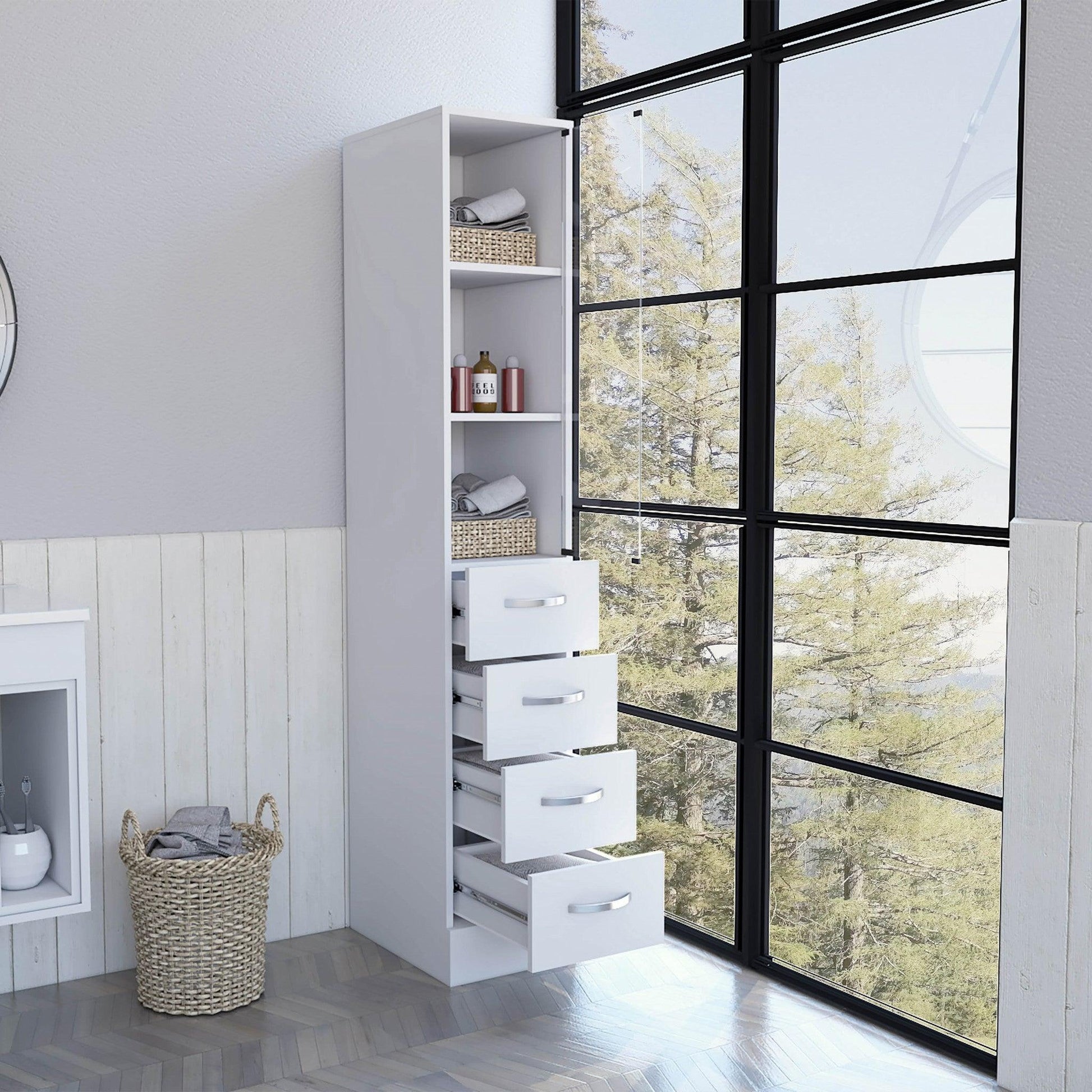 White Bathroom Storage Cabinet with Glass Door and Sliding Drawers - AFS