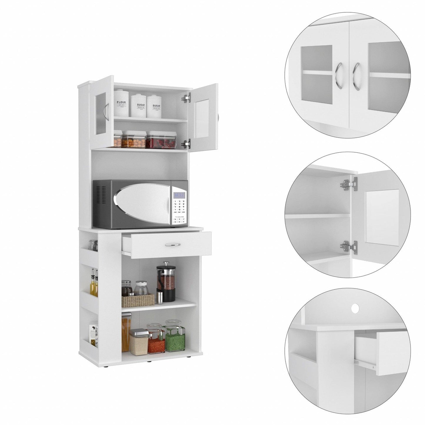 White Pantry Cabinet with Two Door Panels and Side Open Shelves - AFS