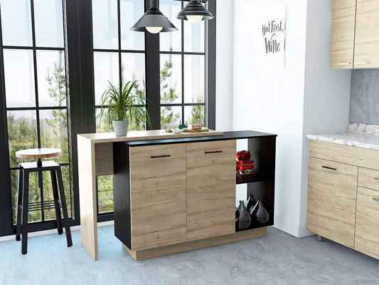 Black and Light Oak Contemporary Kitchen Island with Bar Table - AFS