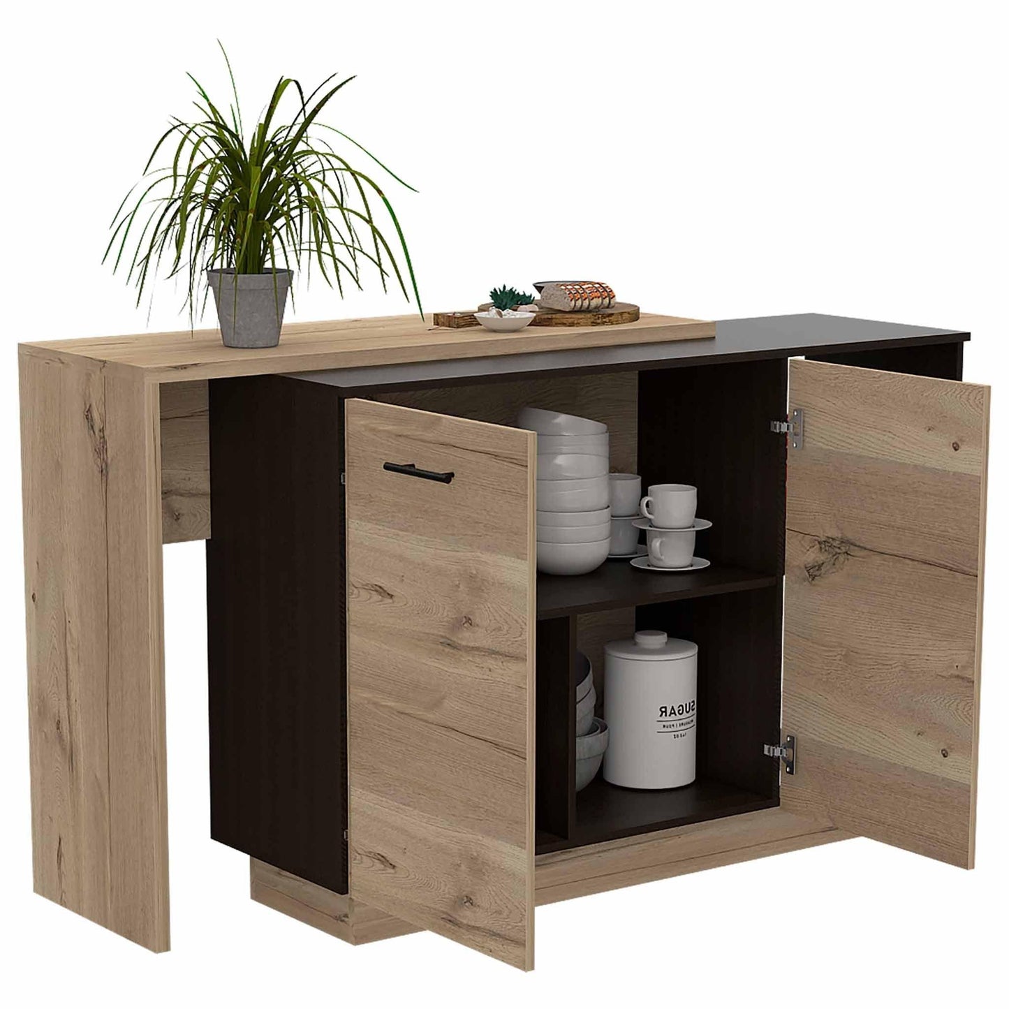 Black and Light Oak Contemporary Kitchen Island with Bar Table - AFS