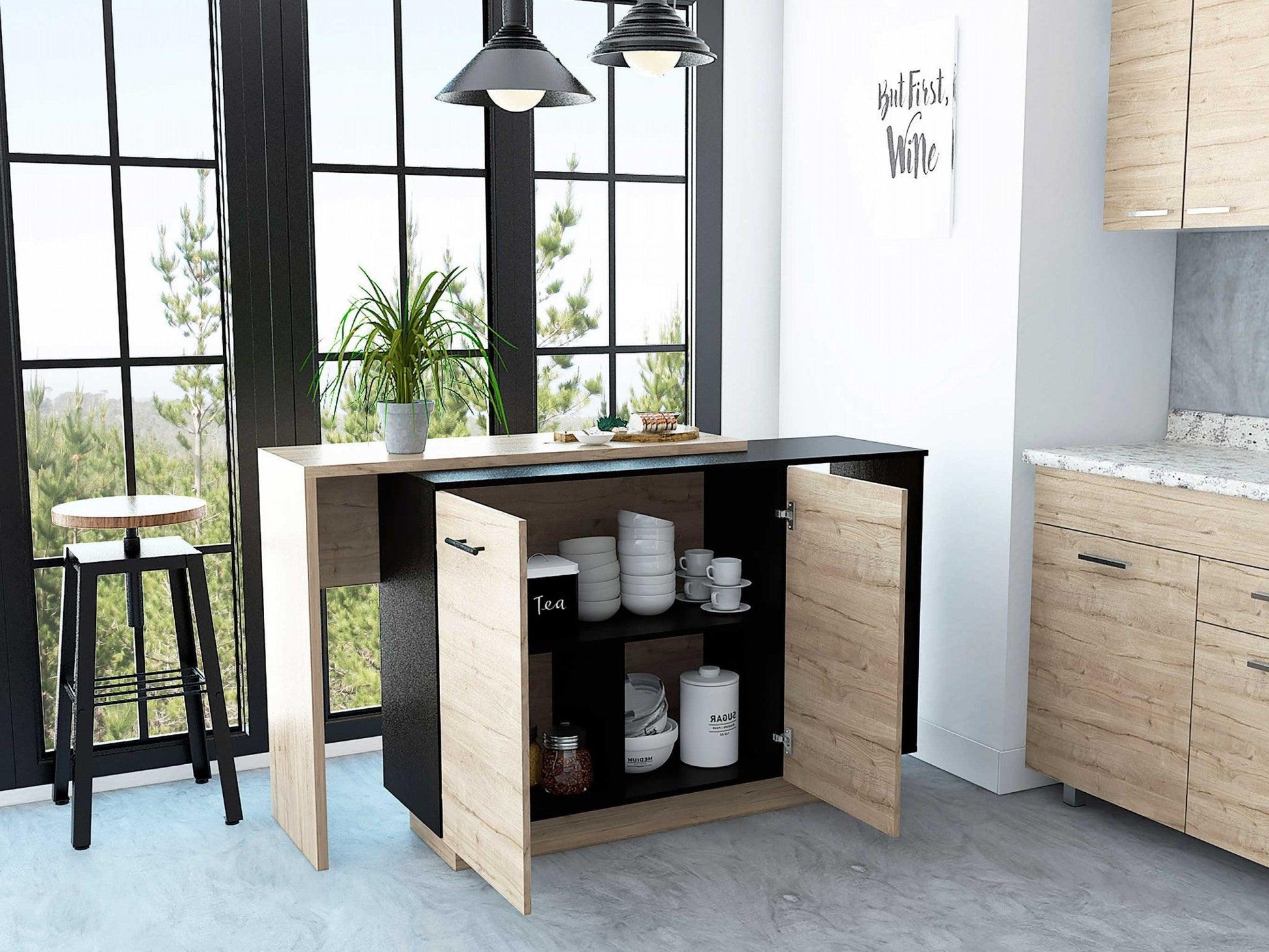 Black and Light Oak Contemporary Kitchen Island with Bar Table - AFS