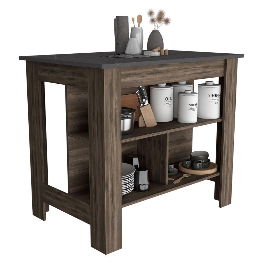 Dark Brown and Onyx Kitchen Island with Three Storage Shelves - AFS