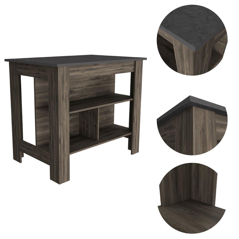 Dark Brown and Onyx Kitchen Island with Three Storage Shelves - AFS