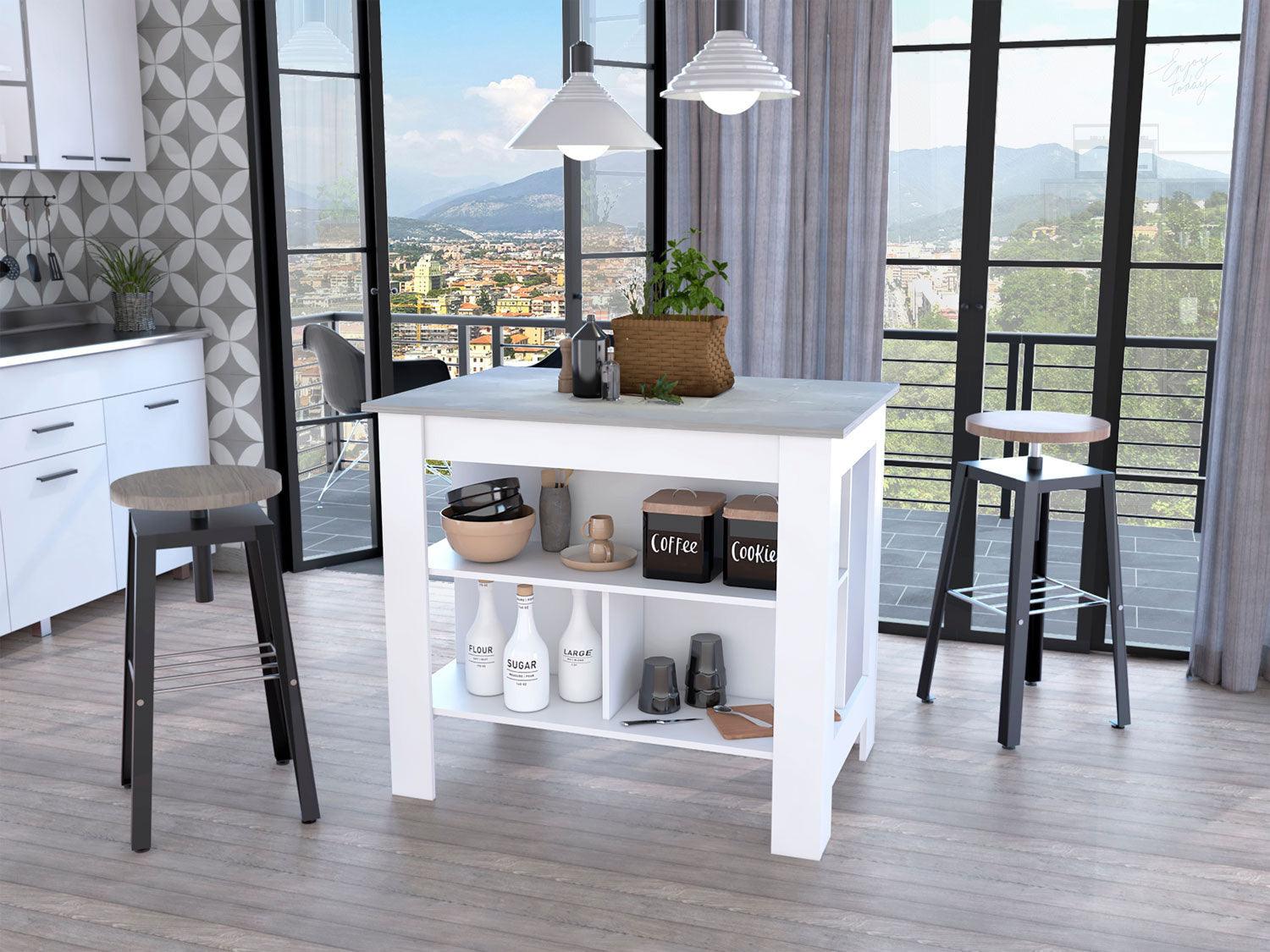 Marble and White Kitchen Island with Three Storage Shelves - AFS