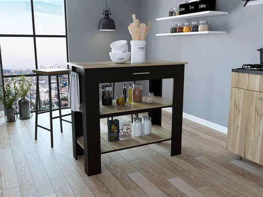 Light Oak and Black Kitchen Island with Drawer and Two Open Shelves - AFS