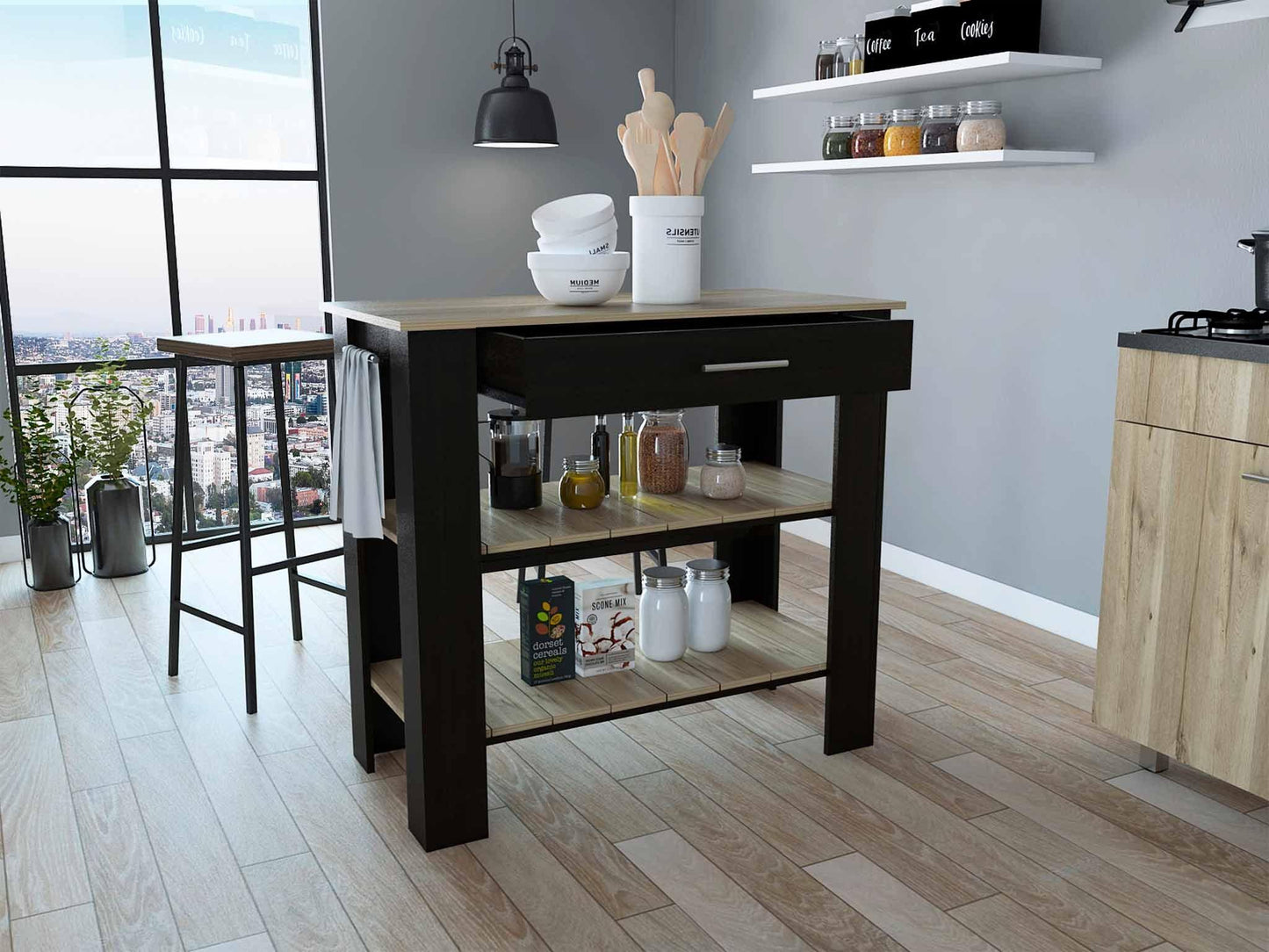 Light Oak and Black Kitchen Island with Drawer and Two Open Shelves - AFS