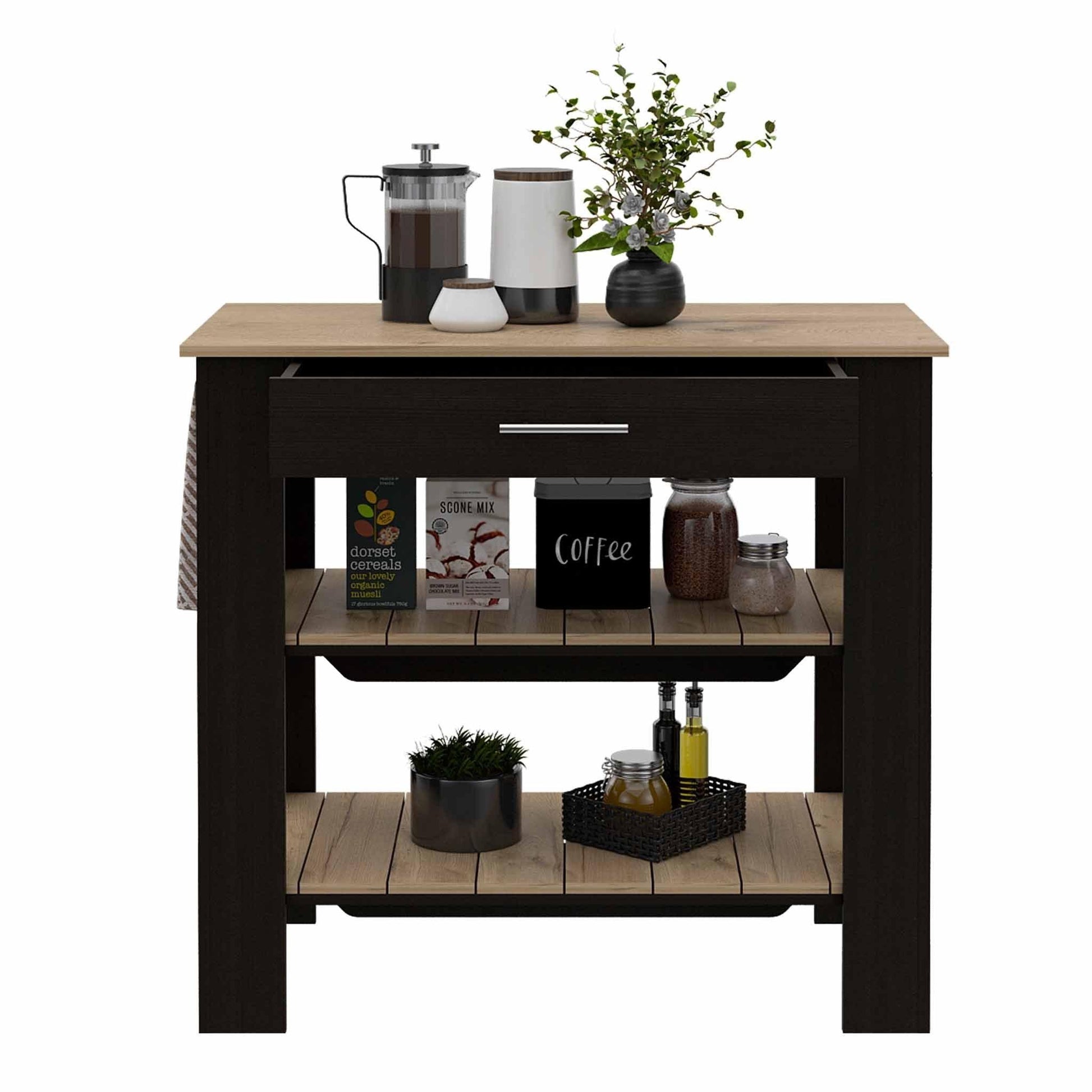 Light Oak and Black Kitchen Island with Drawer and Two Open Shelves - AFS