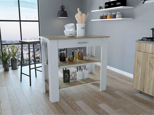 Light Oak and White Kitchen Island with Drawer and Two Open Shelves - AFS