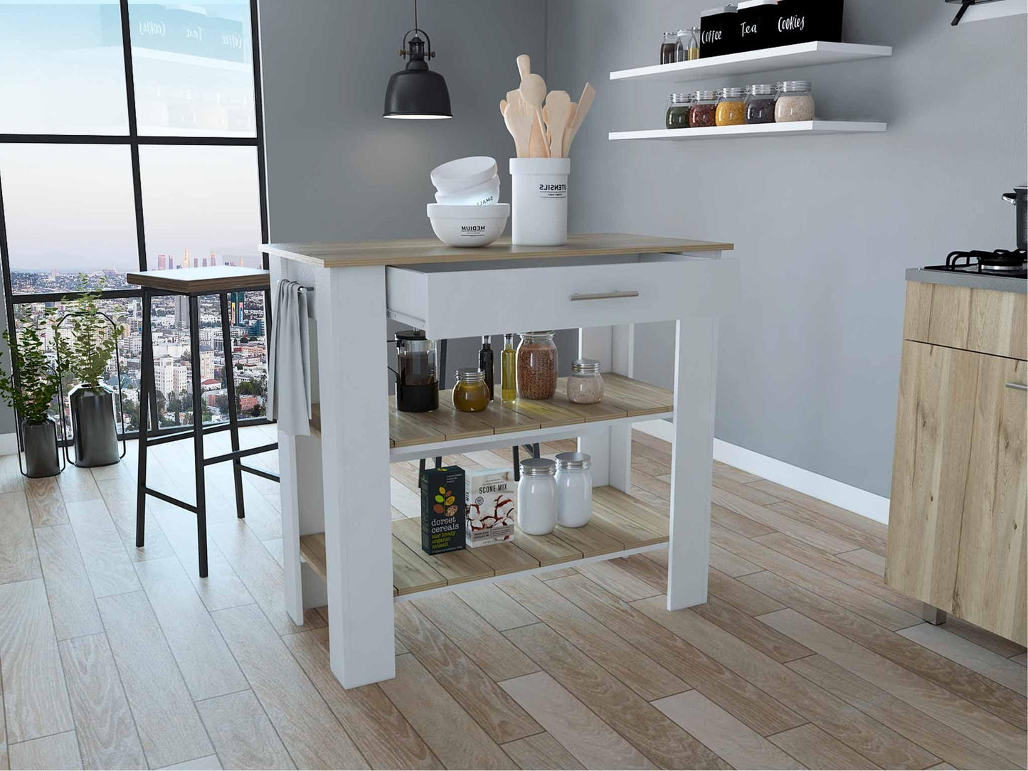 Light Oak and White Kitchen Island with Drawer and Two Open Shelves - AFS