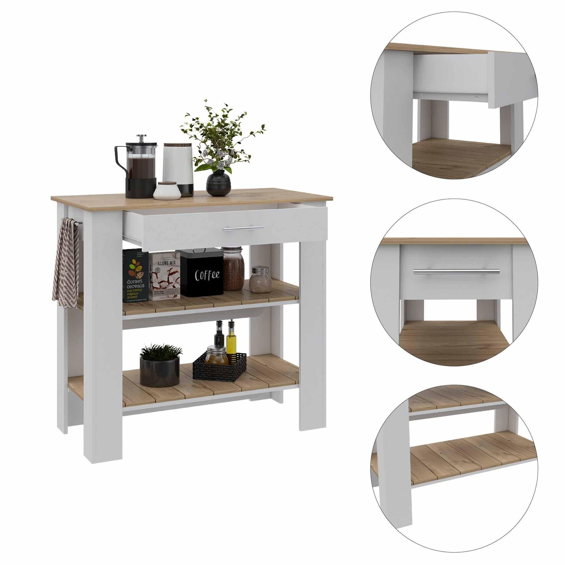 Light Oak and White Kitchen Island with Drawer and Two Open Shelves - AFS