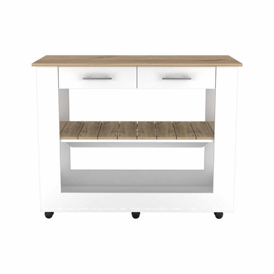 Light Oak and White Kitchen Island with Drawer Shelves and Casters - AFS