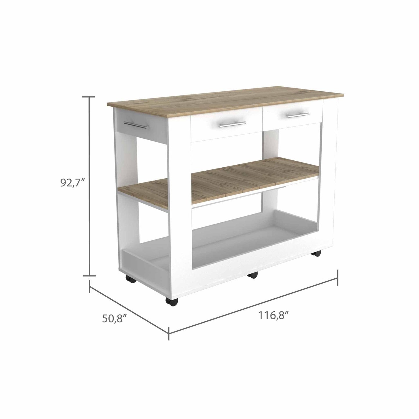 Light Oak and White Kitchen Island with Drawer Shelves and Casters - AFS