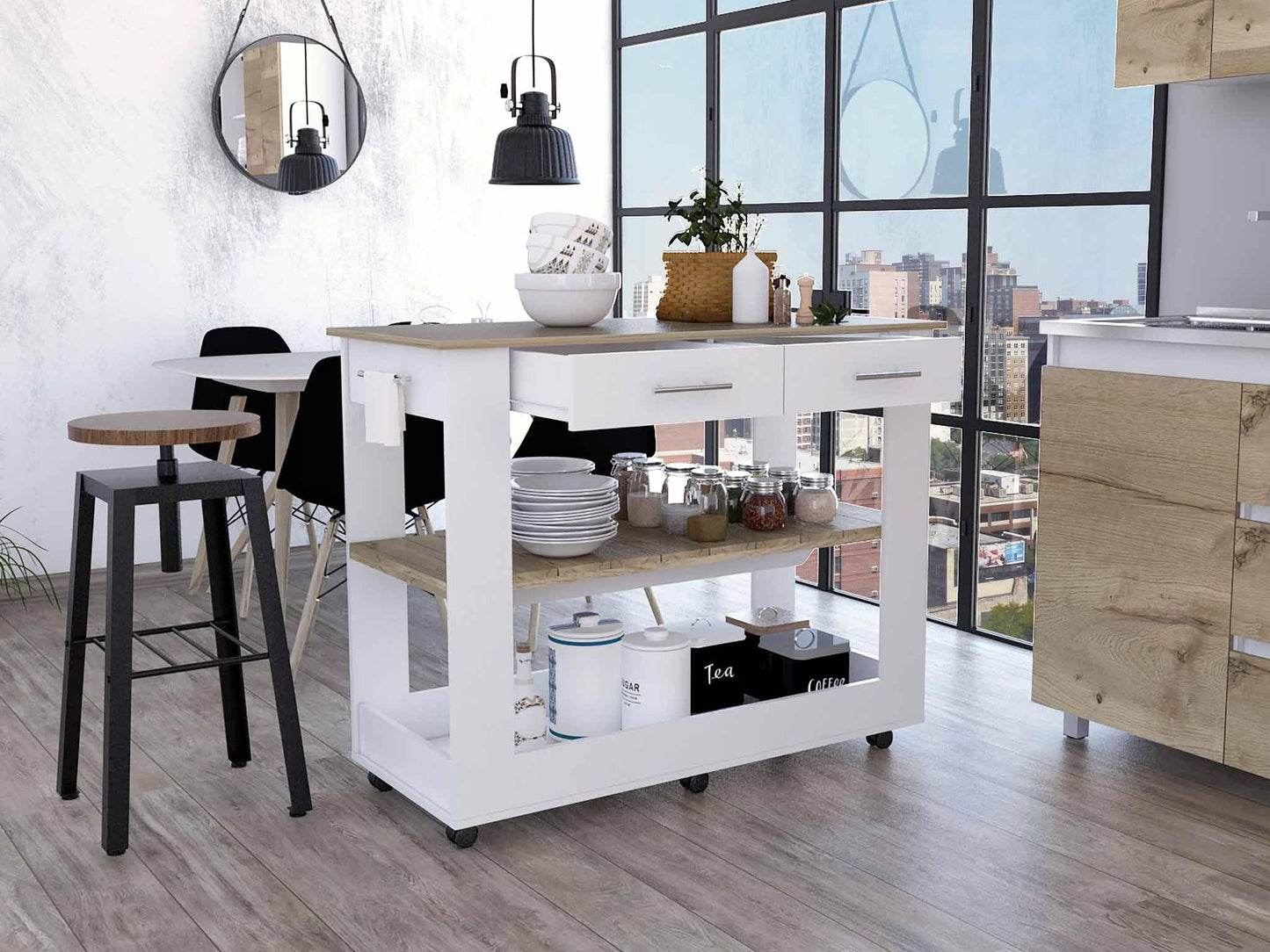 Light Oak and White Kitchen Island with Drawer Shelves and Casters - AFS