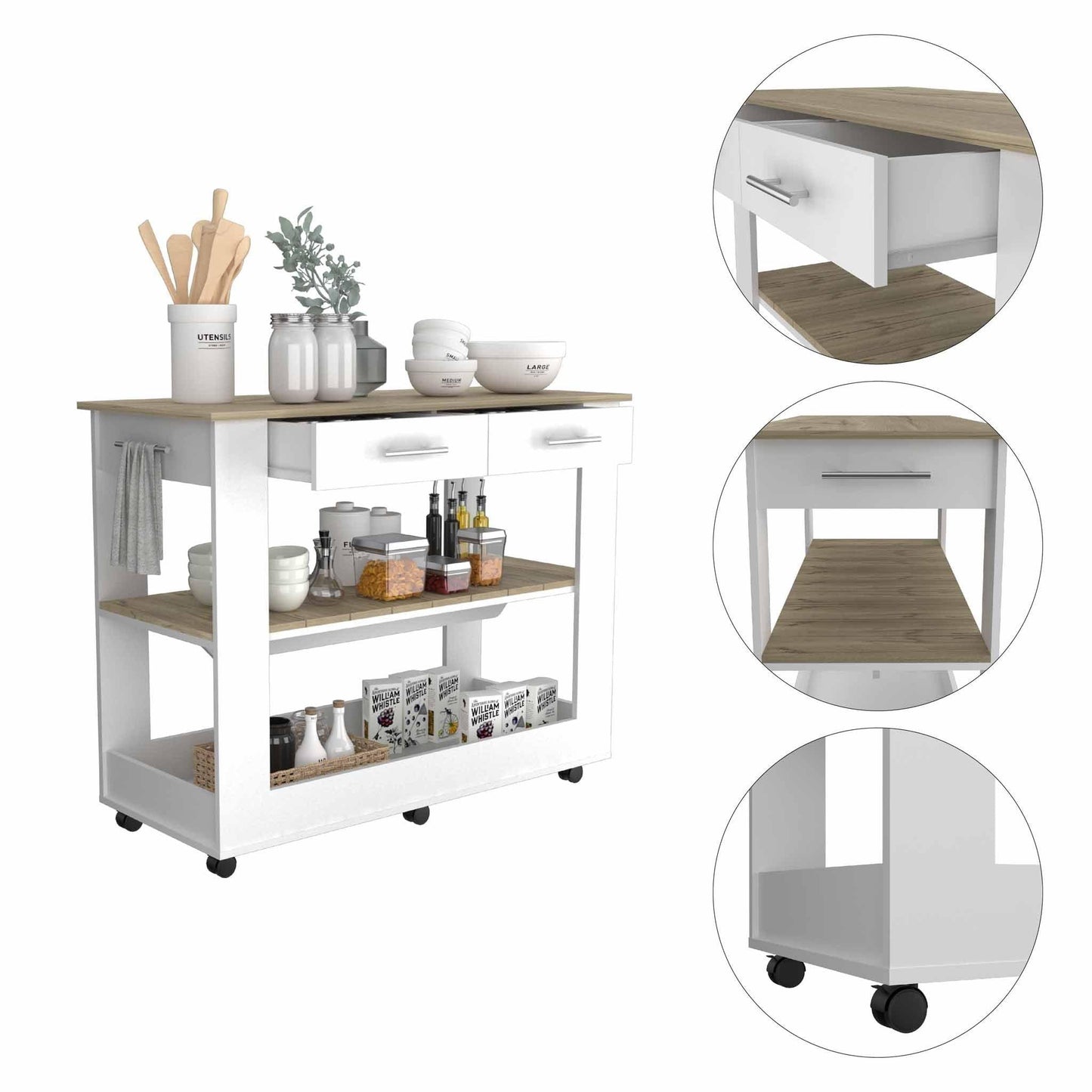 Light Oak and White Kitchen Island with Drawer Shelves and Casters - AFS