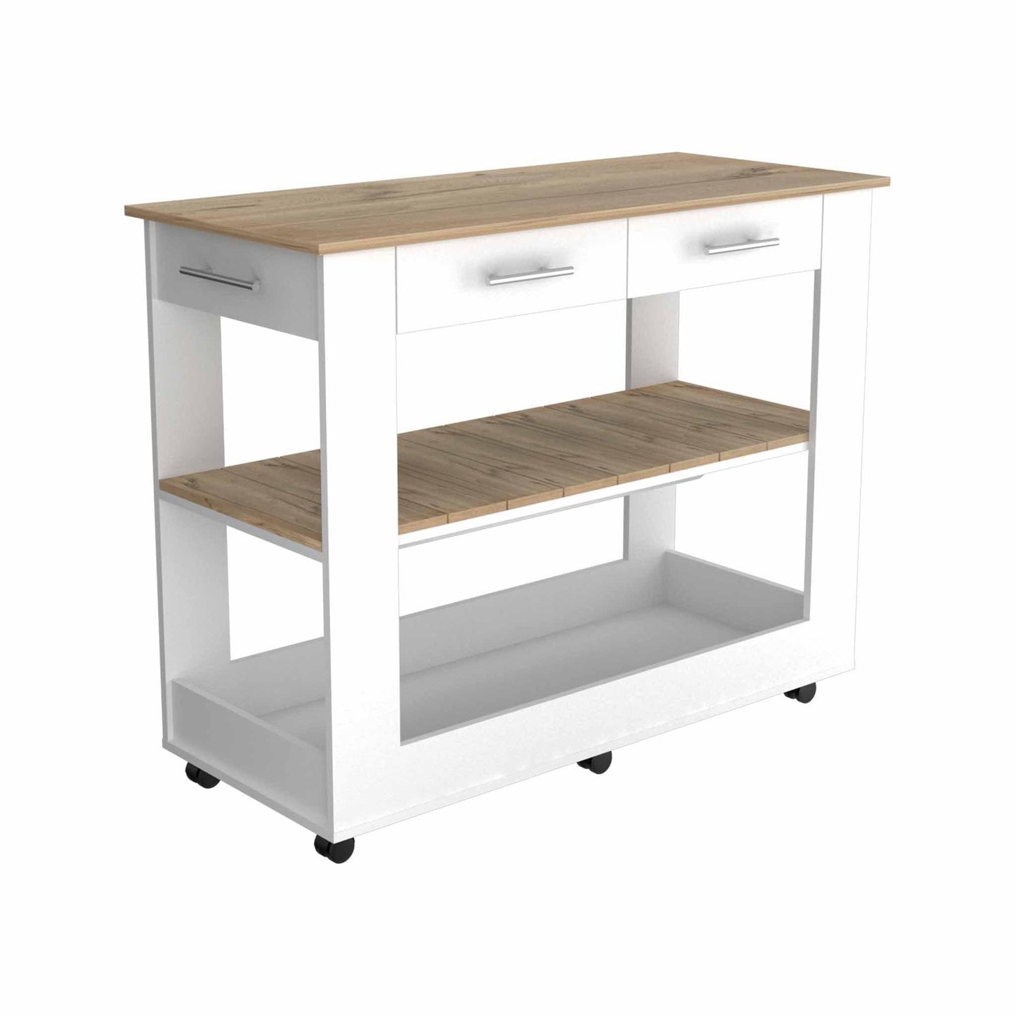 Light Oak and White Kitchen Island with Drawer Shelves and Casters - AFS