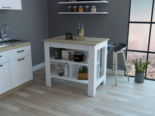 Light Oak and White Kitchen Island with Three Storage Shelves - AFS