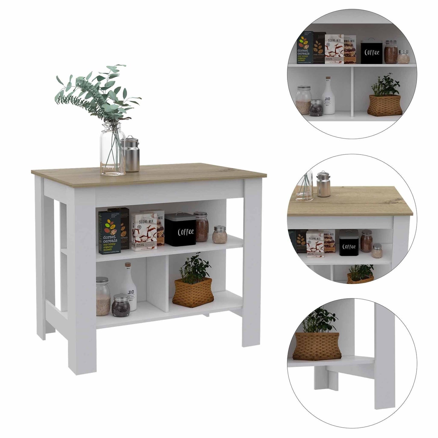 Light Oak and White Kitchen Island with Three Storage Shelves - AFS