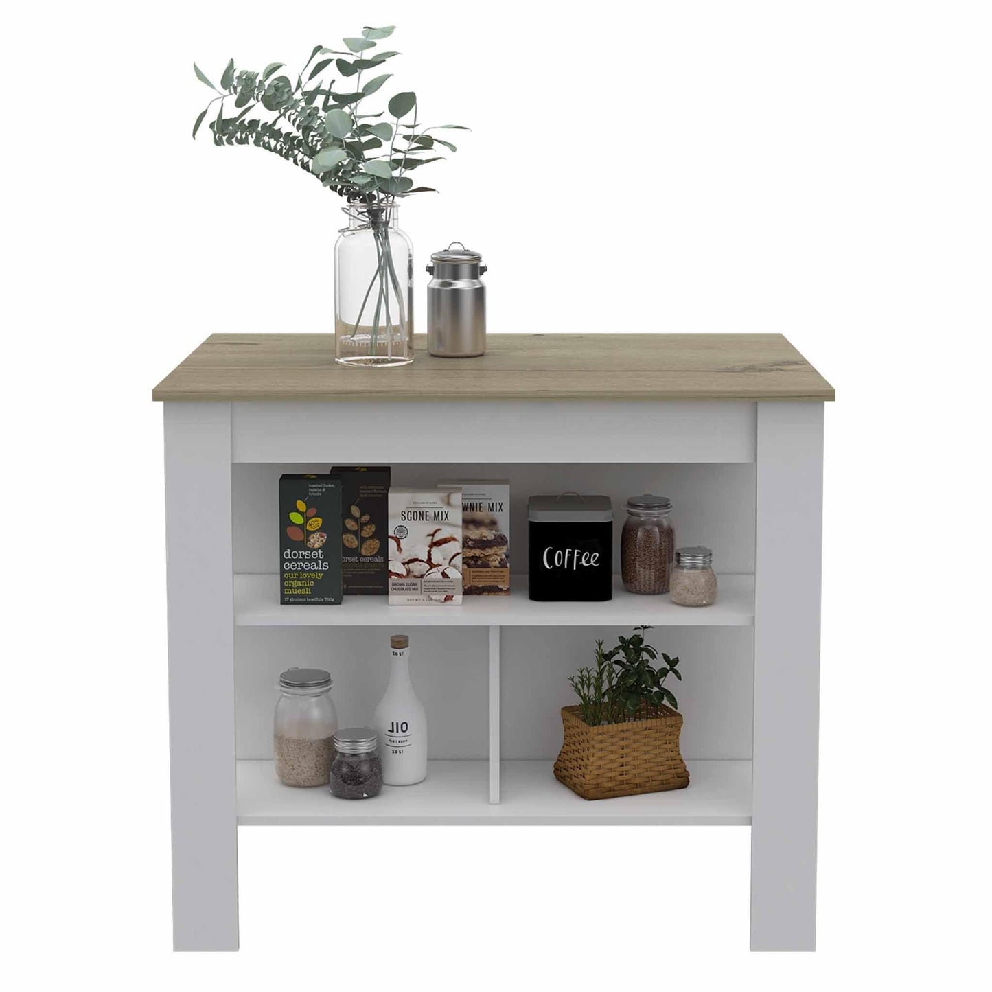 Light Oak and White Kitchen Island with Three Storage Shelves - AFS