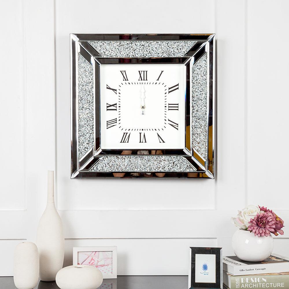 Diamond and Silver Mirrored Square Wall Clock - AFS