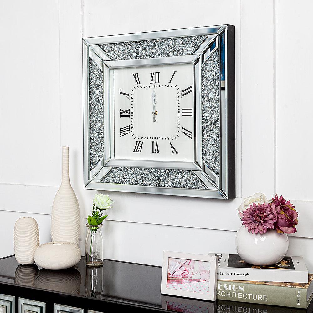 Diamond and Silver Mirrored Square Wall Clock - AFS