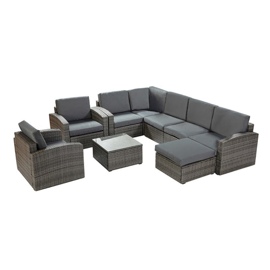 Brown Faux Rattan and Dark Gray Outdoor Sectional Sofa and Table Set - AFS