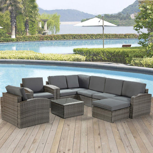 Brown Faux Rattan and Dark Gray Outdoor Sectional Sofa and Table Set - AFS