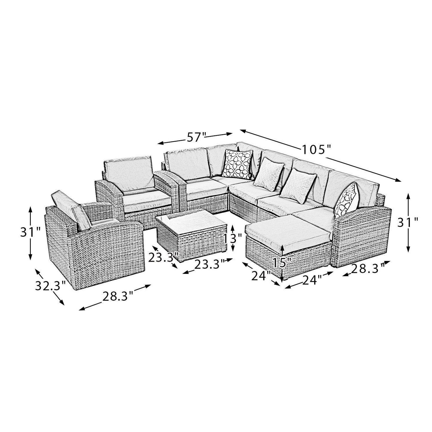 Brown Faux Rattan and Dark Gray Outdoor Sectional Sofa and Table Set - AFS