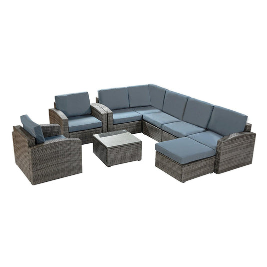 Brown Faux Rattan and Slate Blue Outdoor Sectional Sofa and Table Set - AFS